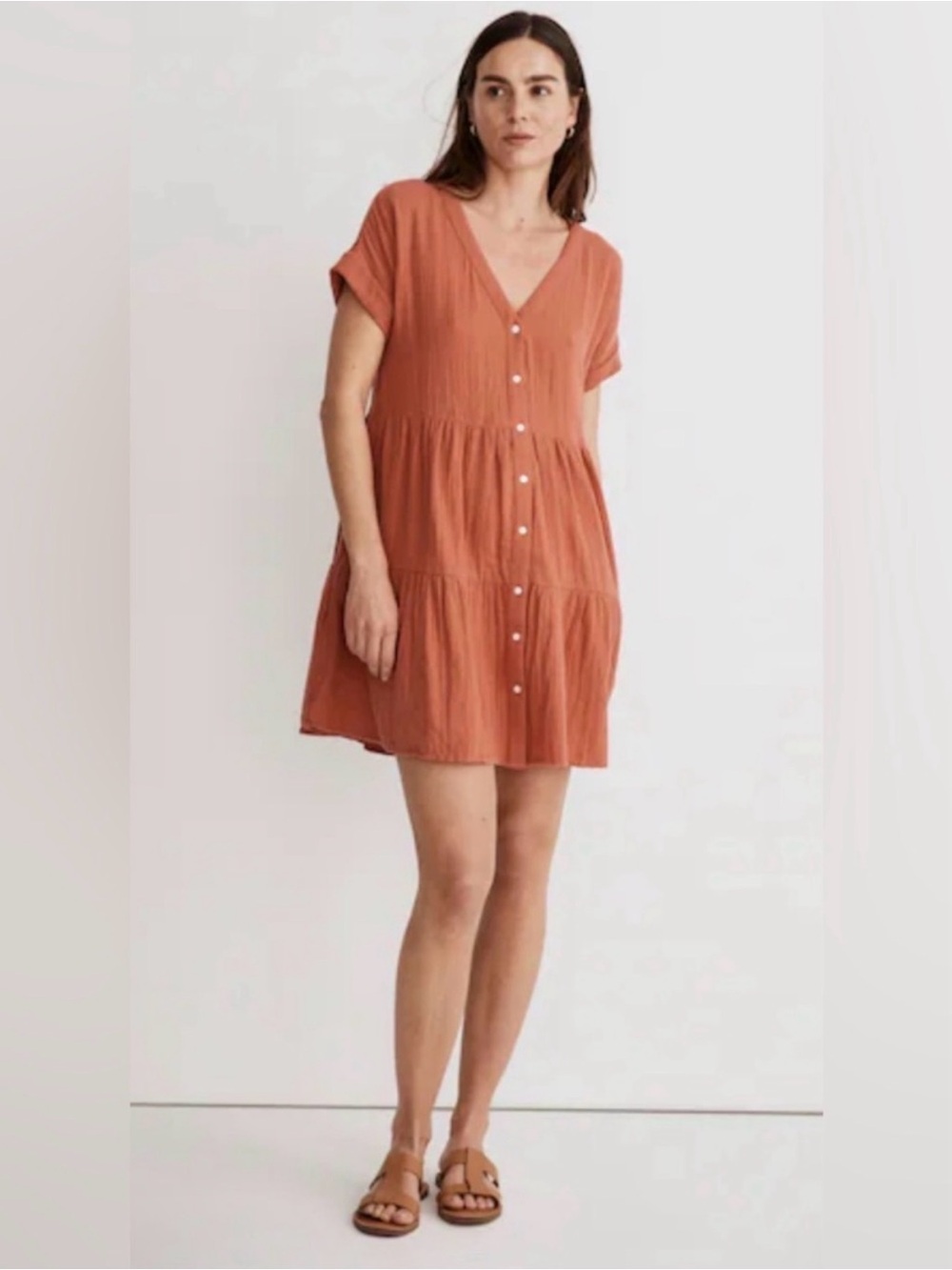 Madewell! Light-spun Tiered Button-Front Mini Dress — Rust